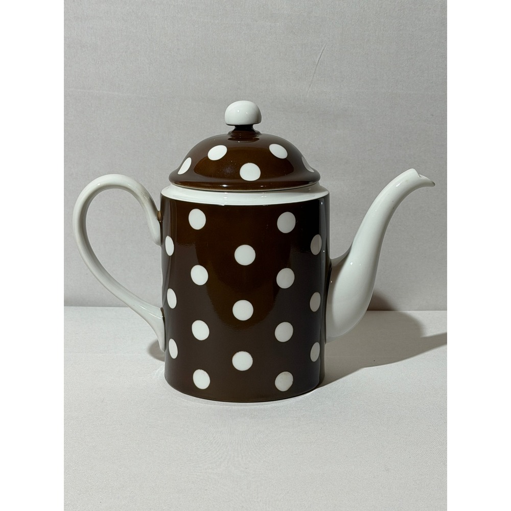 Fitz and Floyd FF Brown White Polka Dot Ceramic Teapot with Lid Retro Style